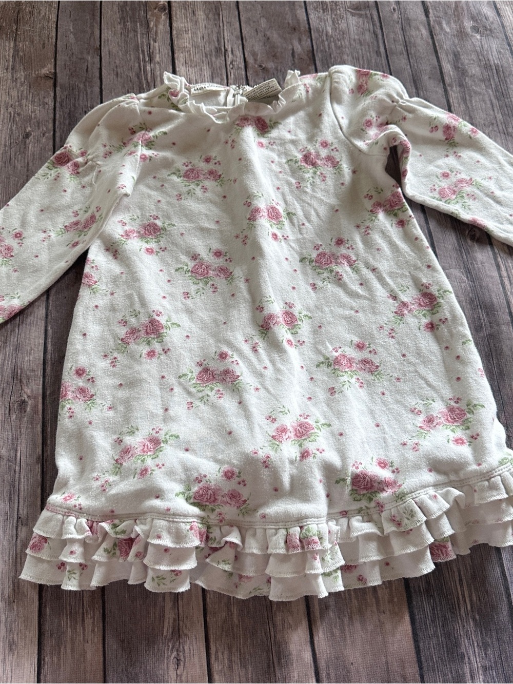 Laura Ashley pink floral nightgown with ruffles, size 24 months fair pilling